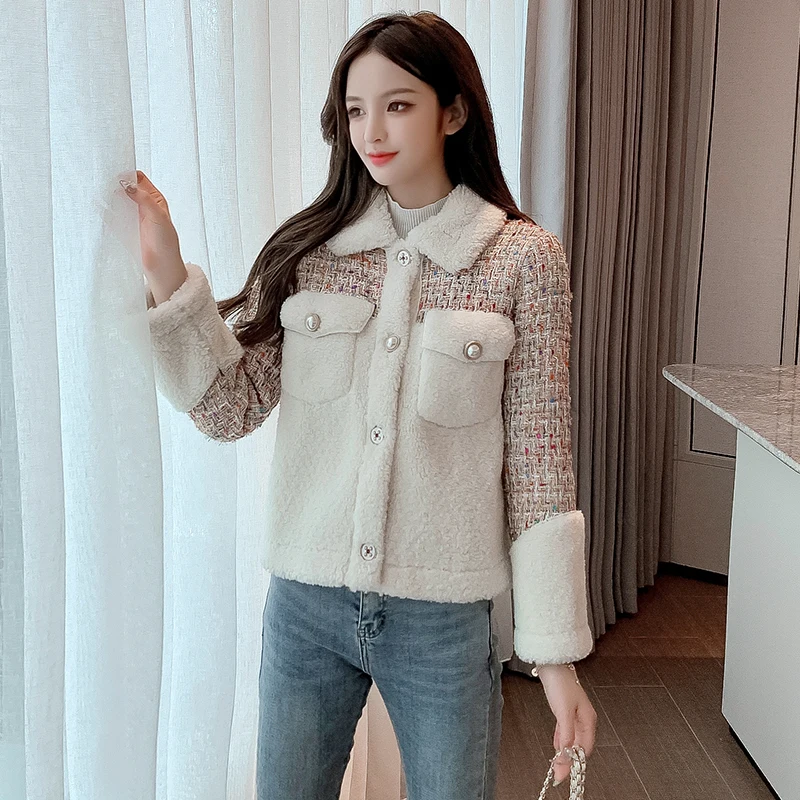 Женское твидовое пальто на пуговицах элегантная теплая куртка из овечьей шерсти