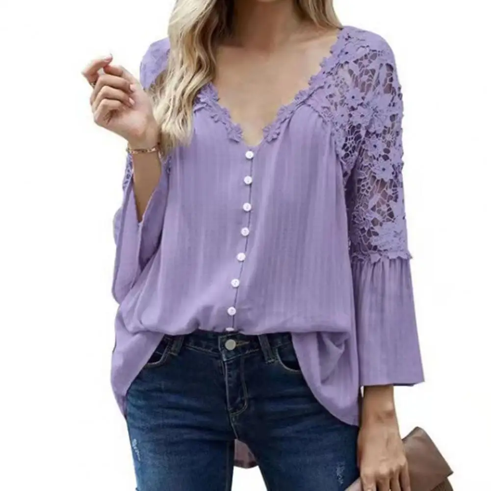 

Stylish Women Blouse Solid Color Lace Pullover Flare Sleeve V Neck Top See Through Back Large Hem Shirt for Daily Wear
