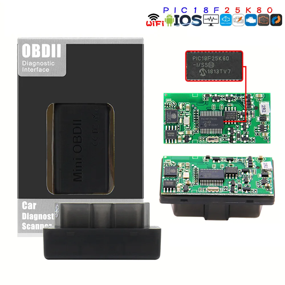 Черный тонкий Мини obd2 25K80 wifi Поддержка Android Apple OBD сканер |