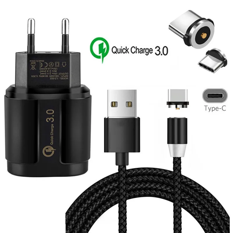Магнитный usb-кабель QC для samsung galaxy Feel 2 S8 A5 3,0 huawei P20 P30 mate 20 Pro, быстрое зарядное устройство type C, Магнитный провод для зарядки - Тип штекера: EU charger and cable