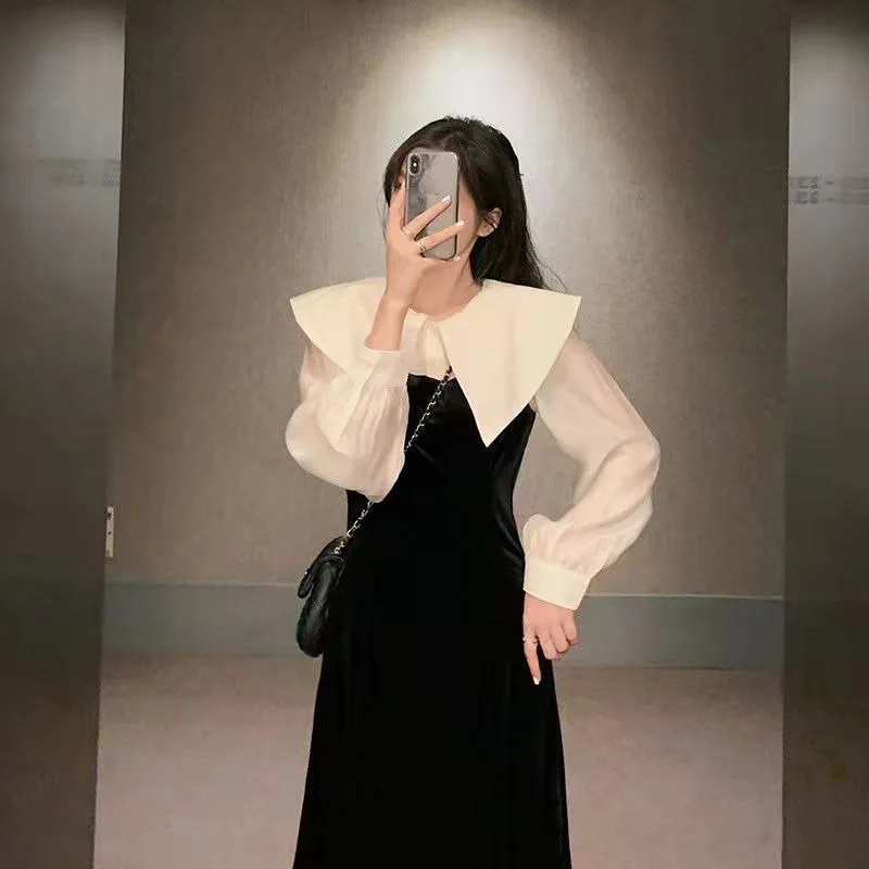 

Anbenser Women Long Sleeve Dresses Patchwork Spring Elegant Office Lady Casual Oversize All-match Cozy Korean Style Vestidos