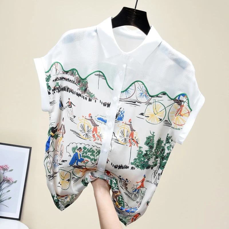 

Vintage Print Chiffon Blouse Women Korean Short Sleeve Elegant Shirt Modis Tops 2021 Summer New Arrival