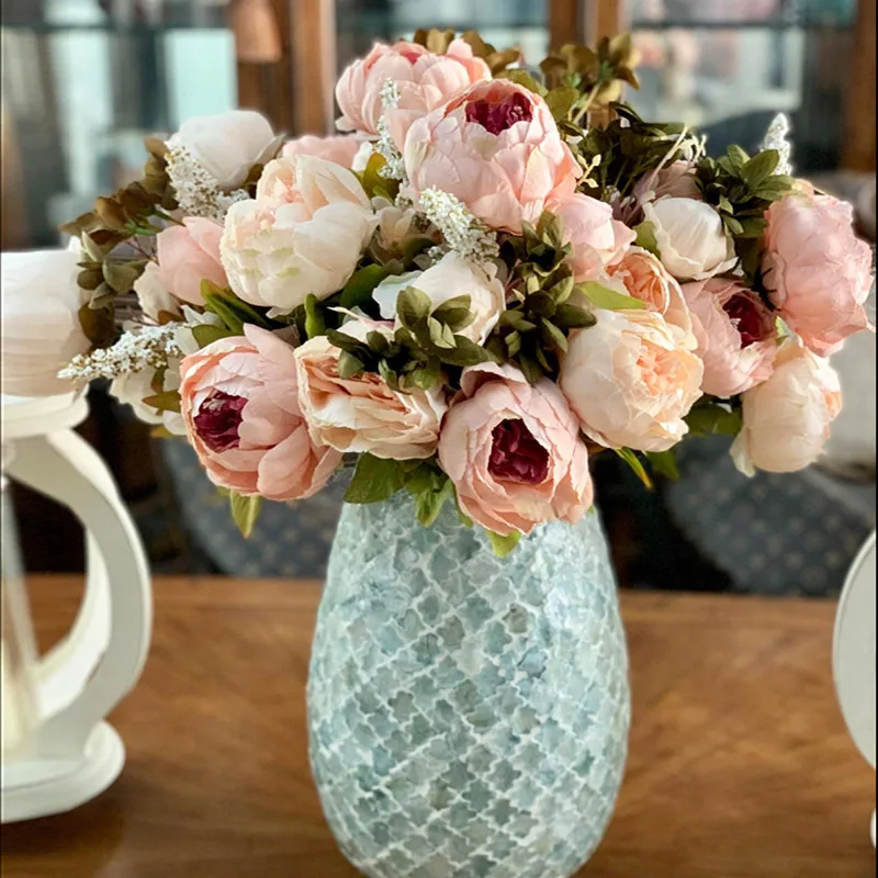 

1 Bouquet Silk Peony Bouquet Vintage Artificial Camellia Flower Peonies Tea Rose for Home Garden Wedding Decoration Fake Flower