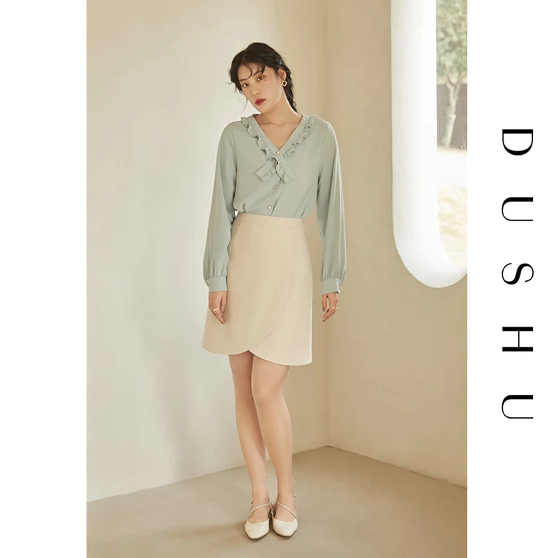 DUSHU размера плюс Для женщин High end чувство рубашка с треугольным вырезом, Для женщин с длинными рукавами на весну 2021 новая рубашка с длинным рукавом для малышей, мальчиков и мятно зеленого цвета, рубашка