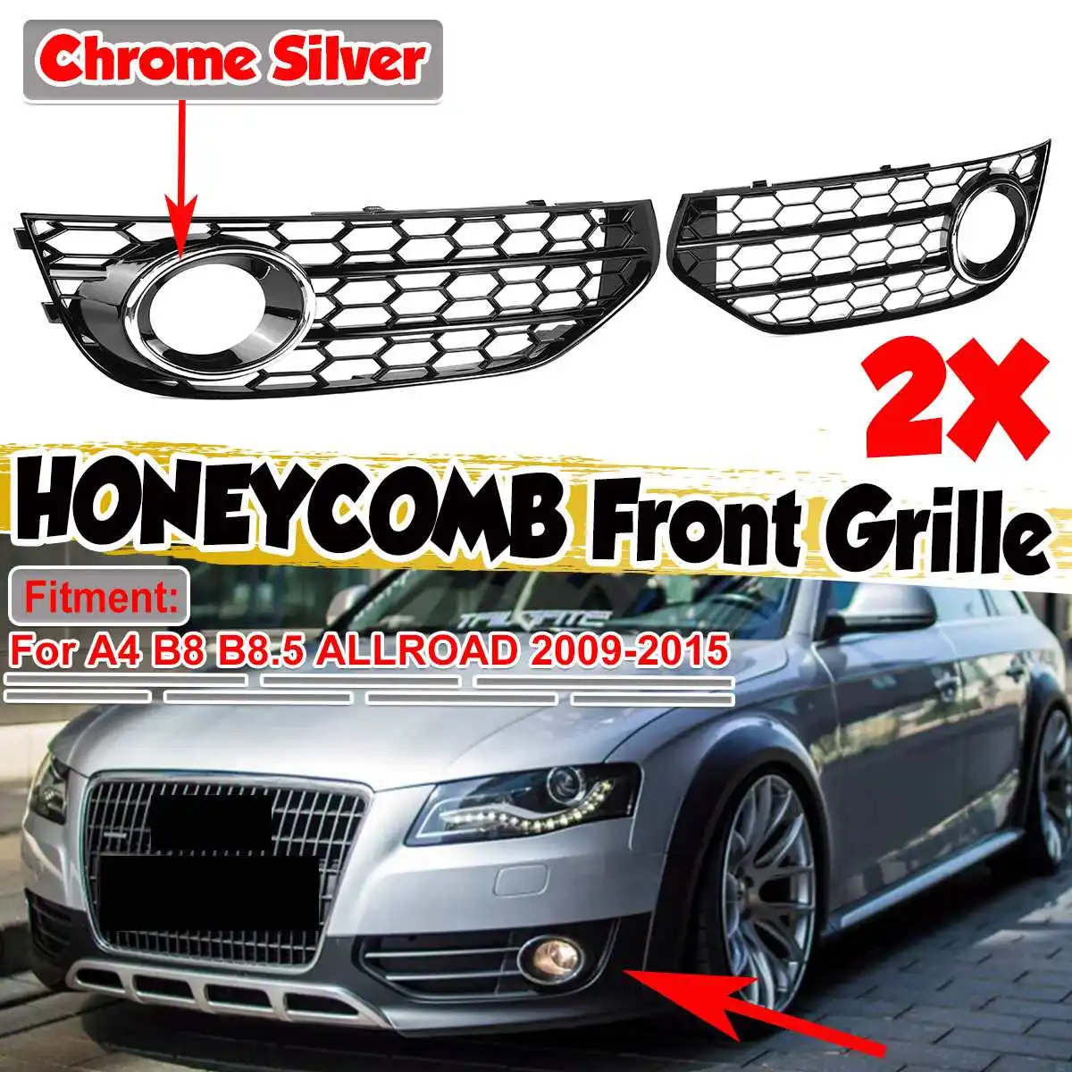 

A4 B8 2x Car Front Fog Light Grill Grille Cover Honeycomb Hex For Audi A4 B8 B8.5 ALLROAD 2009-2015 8K0807681J01C 8K0807682J01C