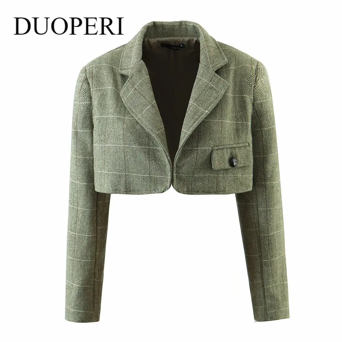 

DUOPERI Women Fashion Plaid Cropped Blazer Vintage Notched Neck Long Sleeves Female Suit veste femme