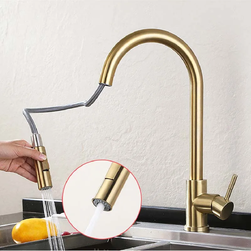 

Brushed Gold Stainless Steel Kitchen Sink Faucets Mixer 360 ° Rotation Smart Touch Sensor Pull Out Hot Cold Water Mixer Tap