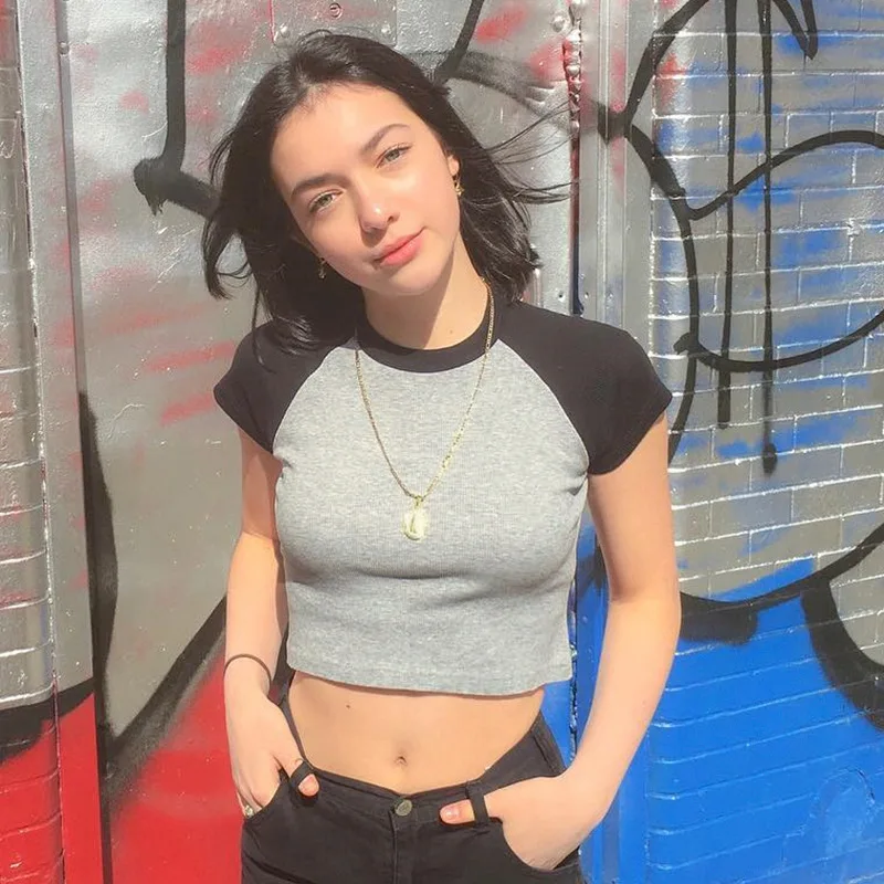 

2020 Summer Contrast Color Cute Crop Top Short Sleeve T-Shirt Women Casual Slim Basic Streetwear Top Tees Harajuku