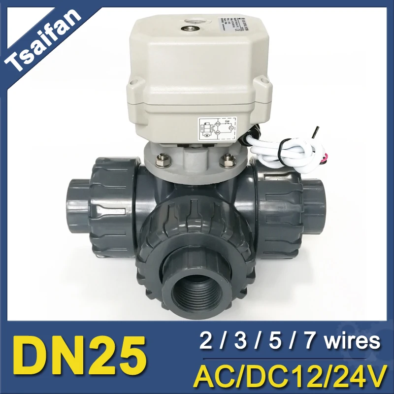 DN25 3 ходовой ПВХ Электрический контроль воды клапан DC24V мотор управления шаровой