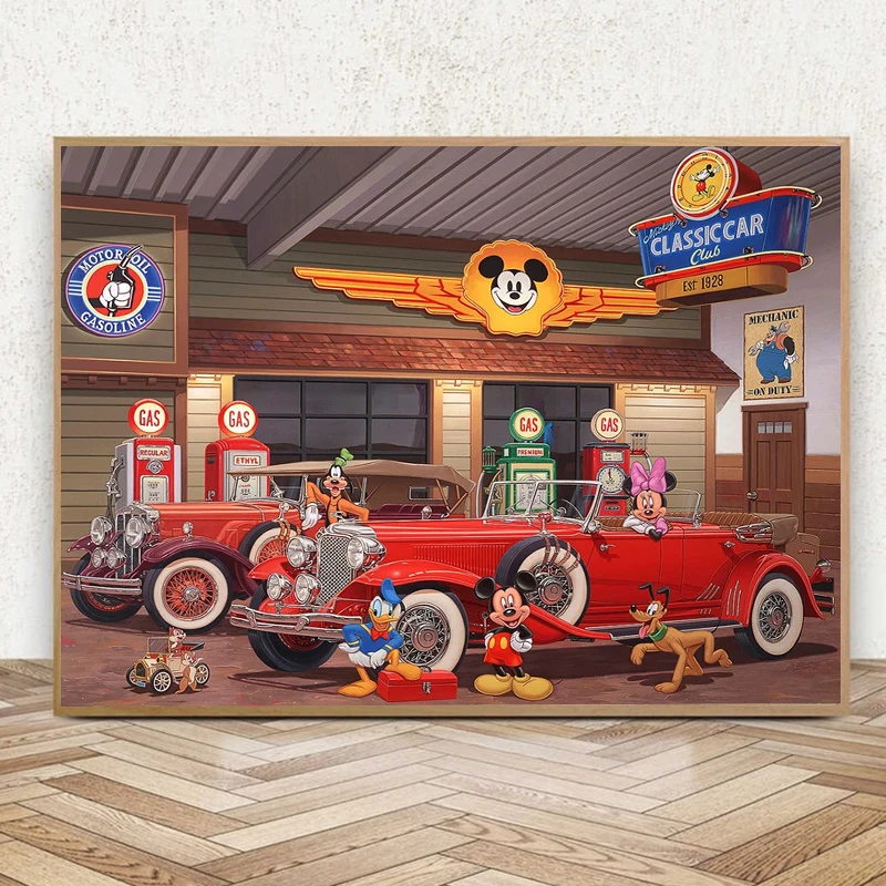 

Disney Mickey's Classic Car Club Canvas Painting Wall Art Walt's Drive In Posters Prints For Kids Bedroom Cartoon Home Decor