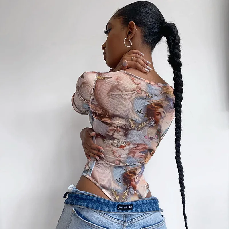 Cryptographic Fall 2020 Long Sleeve Sexy Bodysuits Party Club Tops Female Aesthetic Print High Waist Bodysuit Streetwear