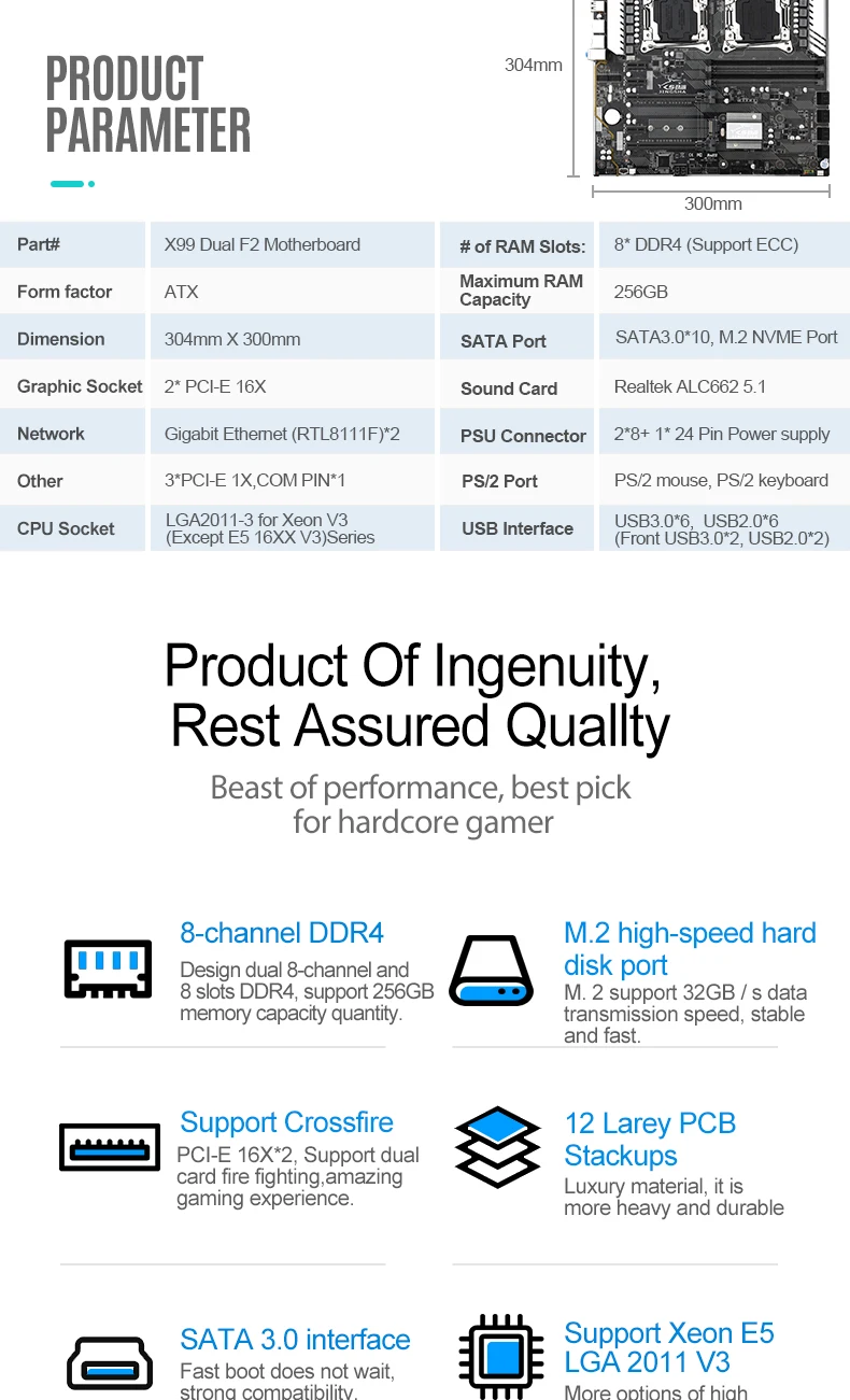 Материнская плата Jingsha X99 dual F2 поддержка LGA2011-3 Inter Xeon E5 V3 8 * DDR4 1600/1866/2133/2400 МГц ОЗУ 10