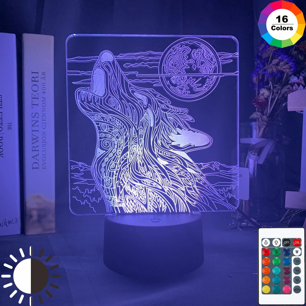 3d лампа в виде животного волка луна светодиодная ночная с изменением цвета