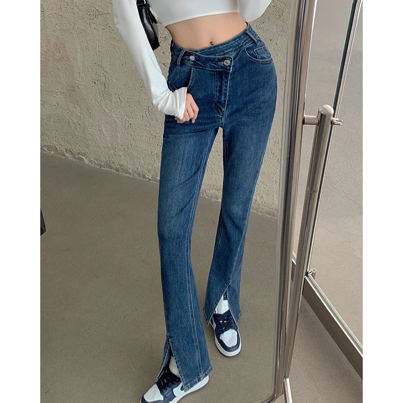 

Women Sexy Harajuku Vintage Split Flare Pants 2022 Spring Solid Y2K Jeans Mujer Fashion Office Lady Mop Denim Trousers P417