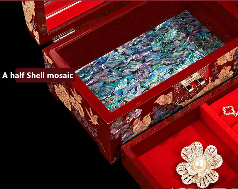 a half shell mosaic Hand Made Abalone Shell-linlaid Mosaic Jewelry Box Storage Lacquerware Lacquer Arts with Lock 18.2 x 11.2 x 8.6cm Wedding Gift - Цвет: a half shell mosaic
