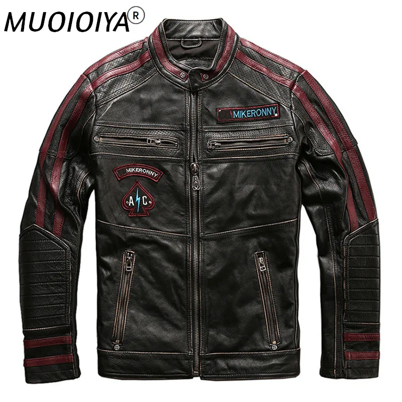 

Men's Genuine LeatherJacket Distressed Multiple Zippers Cowhide Coat Skull Embroidery Leather Jacket Male