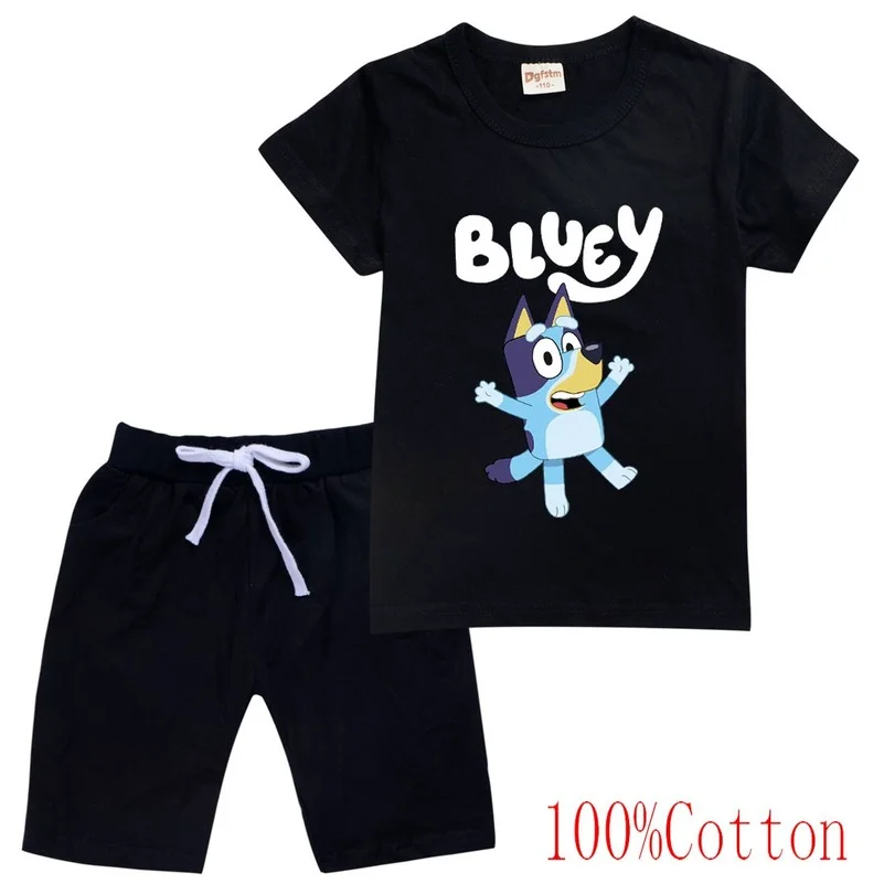 

Bingo blueye Kids New Children Summer short sleeve suit T-shirt suit Cartoon printed raglan girls clothes High-quality homewear