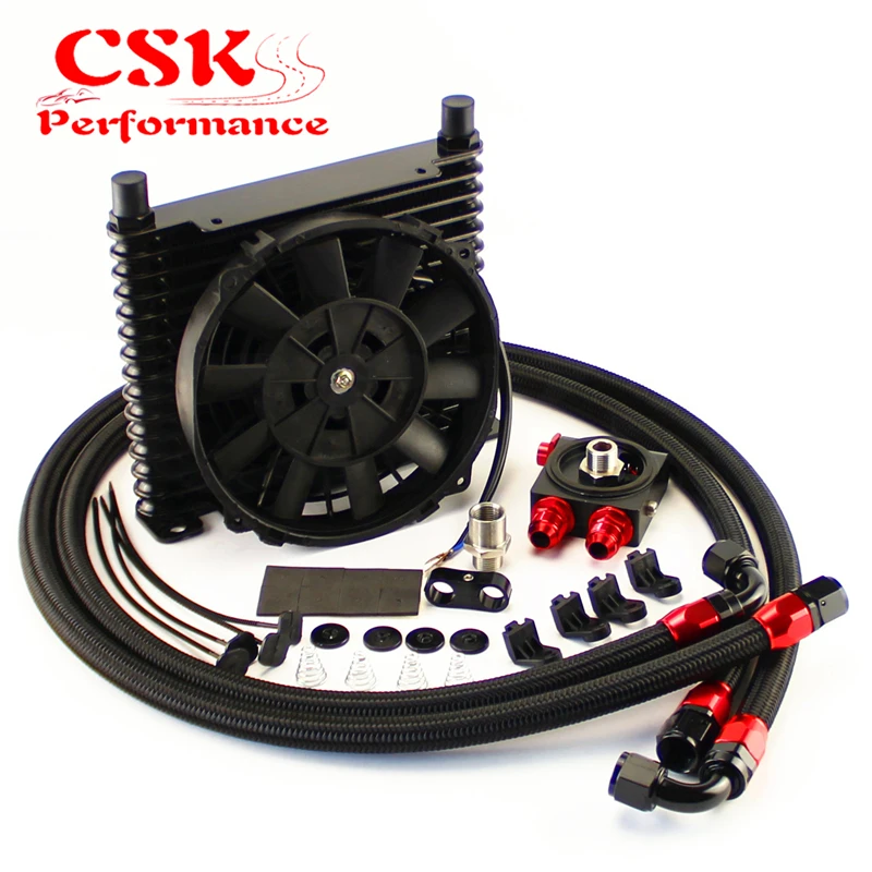 

10AN 32MM 15 Rows Universal Engine Oil Cooler+73 degree Thermostat Sandwich Plate kit +7" Electric Fan Black