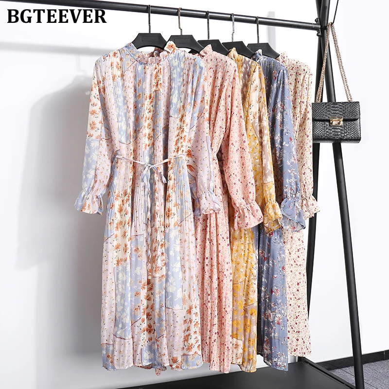 Платье BGTEEVER женское шифоновое с длинным рукавом свободное Плиссированное миди