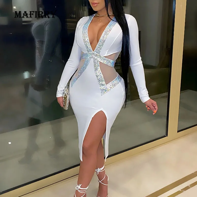 

New Women Sexy Patchwork Long Sleeve Hip Dress Spring Autumn Deep V-Neck Solid Ladies Sheath Dress Hollow Out Streetwear Vestido