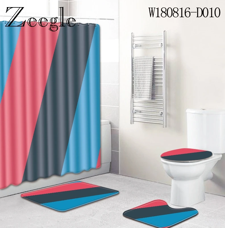 Набор из 4 ковриков для ванны Zeegle комплект полосатых с занавеской душа крышкой