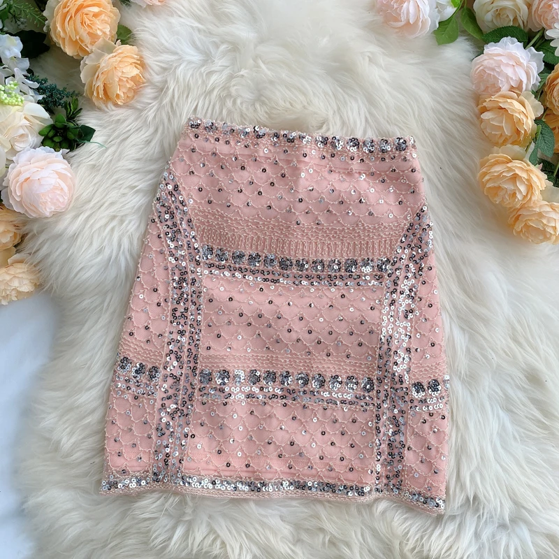 Весна 2021 мини юбка с блестками Летние Элегантные женские короткие розовые юбки