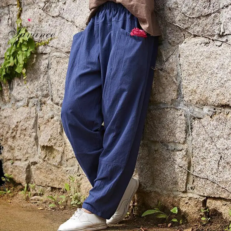 Весенне-летние хлопковые и льняные стильные однотонные женские длинные брюки Breif