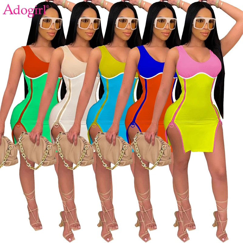 

Adogirl Color Patchwork Side Zips Split Bodycon Mini Dress 2021 Summer Fashion Casual O Neck Sleeveless Nightclub Party Vestidos