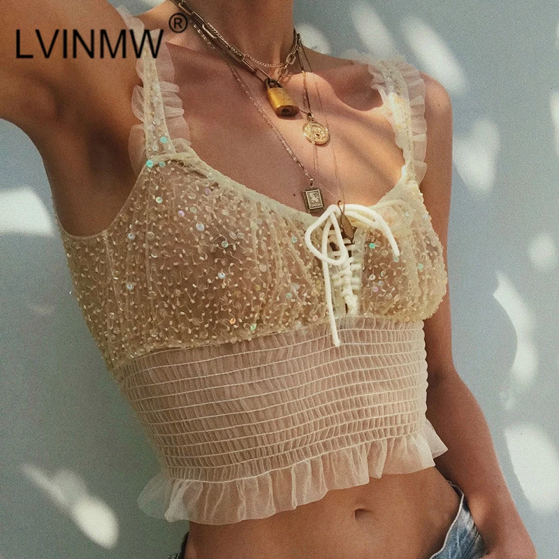 LVINMW сексуальный укороченный топ на шнуровке с бантом блестками и рюшами весна 2020