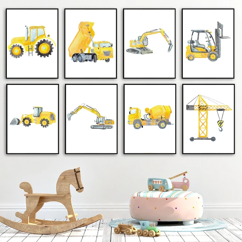 

Construction Vehicles Watercolor Nursery Wall Art Canvas Painting Cars Trucks Posters and Prints Wall Pictures Boys Room Decor