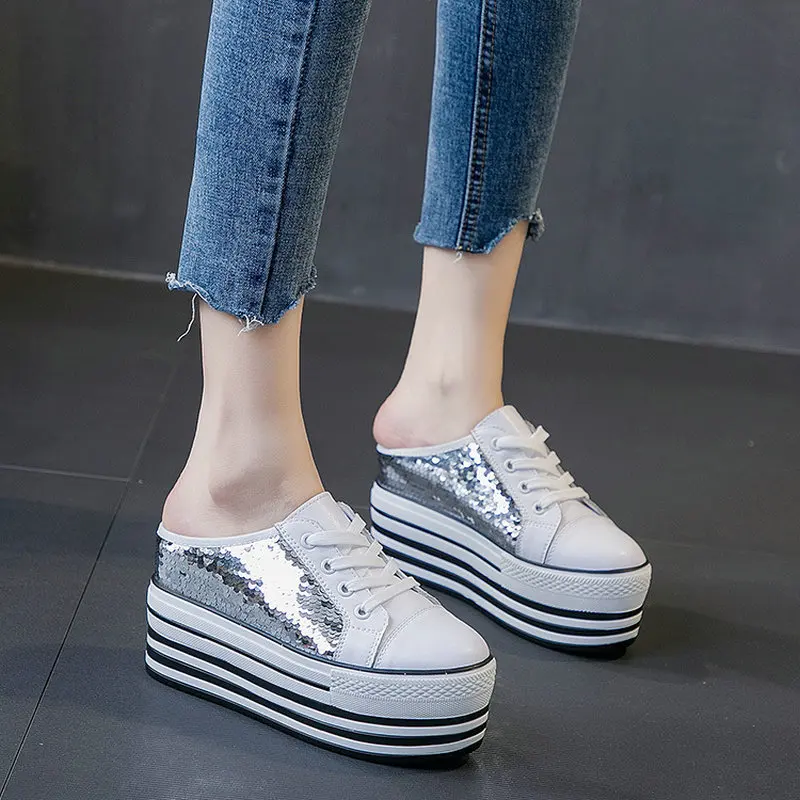 Модные женские кроссовки Tleni 2019 с блестками дышащие полутапочки baotou обувь для