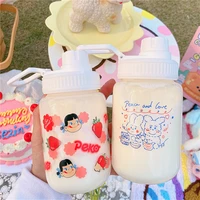 cute strawberry glass water bottle with straw portable leakproof student kids bottles for school drinking clear milk sippy cup