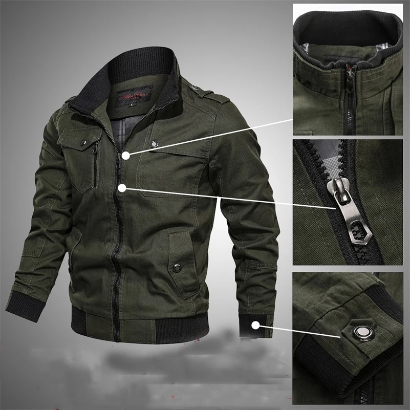 

Solid Jacket Men Cotton Casual Multi-pocket Bomber Jackets Male Spring Autumn Slim Fit Coat Pilot Windbreaker Jaqueta Masculina