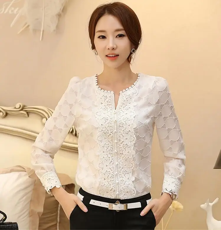 Женская кружевная блузка с длинным рукавом белая цветочным принтом новинка