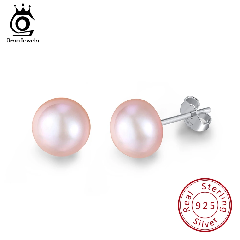 Silver- Pink Pearl ORSA JEWELS, женские серьги-гвоздики с натуральным пресноводным жемчугом, 8 мм, белый, розовый жемчуг, 925 пробы, серебро, Женские Ювелирные изделия для вечеринки RSE86 - Цвет камня: Silver- Pink Pearl