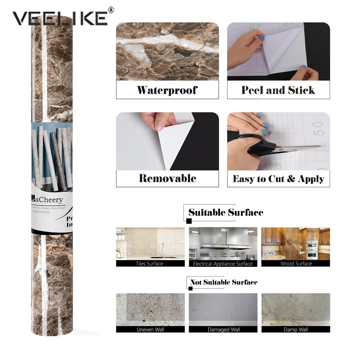 

Self Adhesive Marble Wallpaper Peel and Stick Waterproof Table Wall Stickers Bedroom Bedside Cupboard Home Decor Kitchen Cabinet