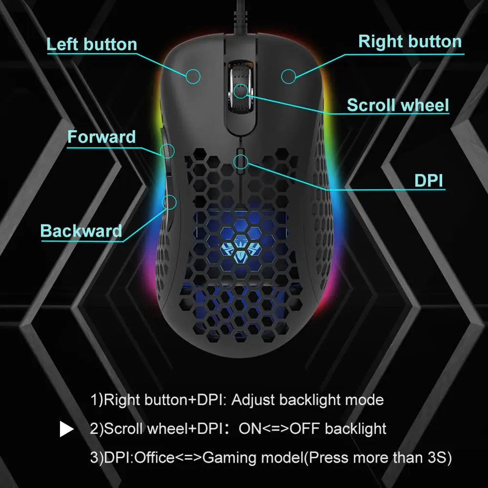 AULA RGB Мышь 7Key 6400 Точек на дюйм Новые легкие соты оболочки эргономичная Проводная