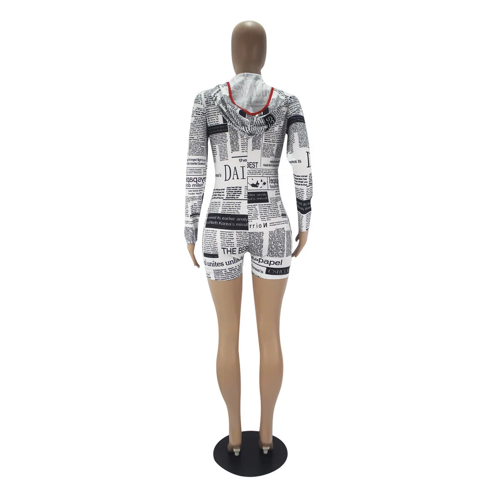 

Newspaper Print Fitness Full Sleeve Playsuit Hooded Fake Zippers Sexy Young Night Club Party One Piece Overall Mini Empire Waist