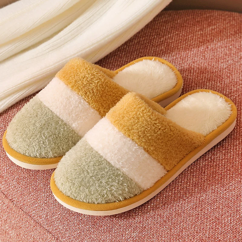 

2021 New Couples Faux Fur Striped Slipper Warm Plush Non-slip Flat Slide Indoor Floor Slip-on Footwear Ladies Winter Cute Shoe