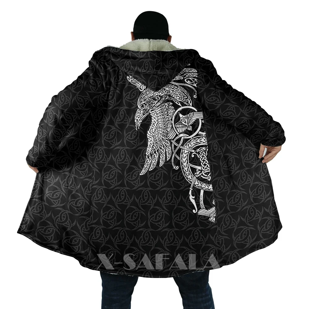 

Viking Totem Crow Eagle All Over 3D Printed Overcoat Thick Warm Hooded Cloak Coat for Men Windproof Fleece Outerwear Cotton