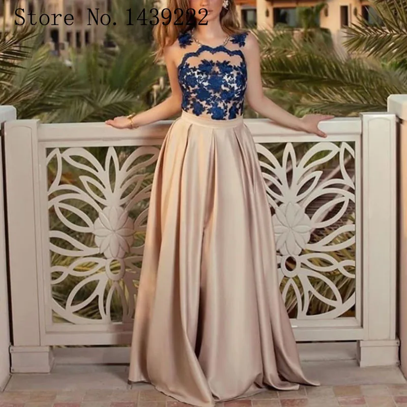 

Sofuge Navy Blue Lace Satin Evening Dress Tank Celebrity Formal Dresses Pleat Robe De Soiree Evening Party Gown