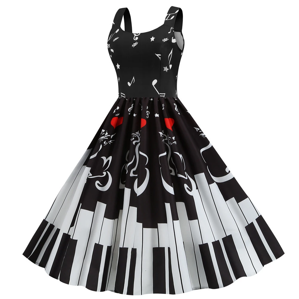 Music Note Heart Print Summer Dress 2020 Fashion Sleeveless Tank Vintage Rockabilly Valentines Party Dresses Swing A-Line Black | Женская