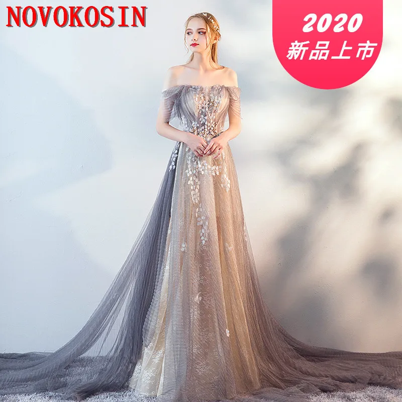 

2020 Fashion Crumple Tulle Prom Dresses Applique Beading Boat Neck Formal Dress Evening Gown Lace Lining Special Occasion Dress