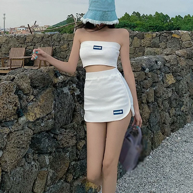 

Summer Two Piece Set White Black Women's Korean Strapless Slim T Shirt + High Waist Skirt Sexy Two-Piece Set Female Clothes