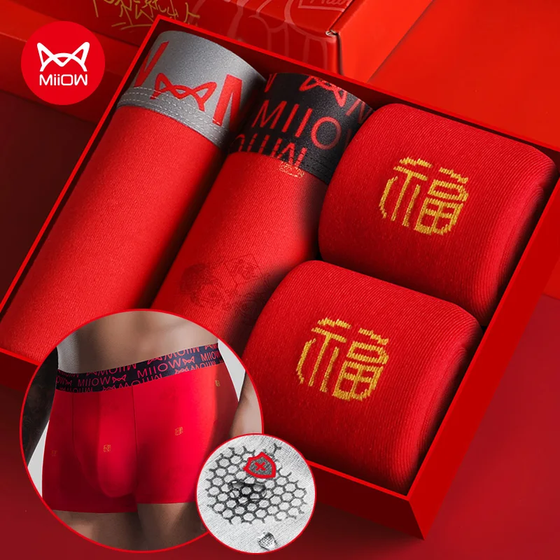 MiiOW Organic Cotton Boxer Socks Set Men Underwear Boxers Trunks Antibacterial Male Panties Boxershorts Underpants Red L-3XL New