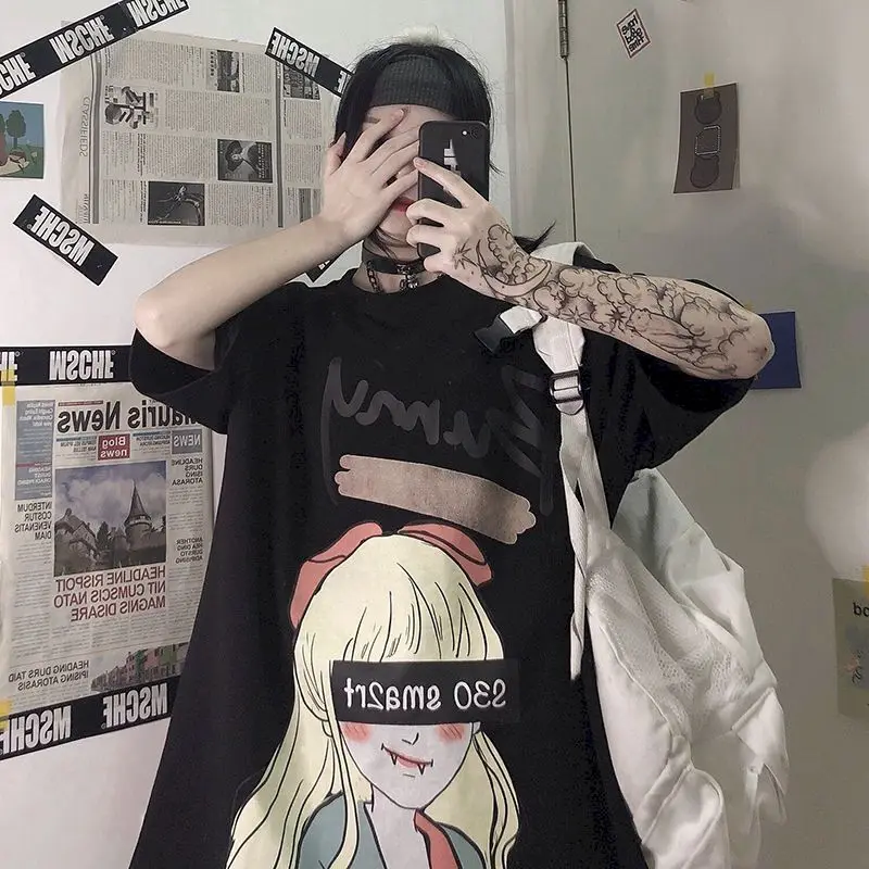 

T-shirt women cotton short-sleeved summer new Harajuku style funny girl printing loose and versatile half-sleeved top female