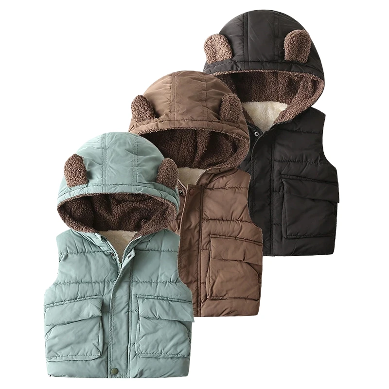 

Autumn Winter Children Warm Vest Jacket Baby Boys Girls Thicken Waistcoat Plus Velvet Outerwear Sleeveless Kids Hooded Coat 1-5Y