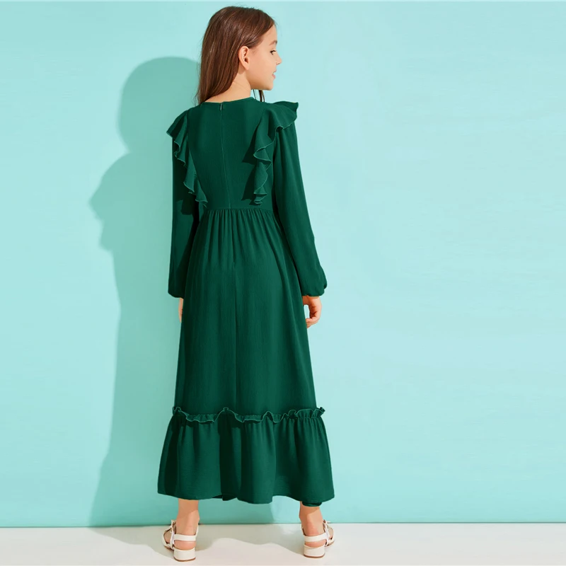 SHEIN Kiddie/однотонное платье с оборками на подоле для девочек с поясом; коллекция года; сезон осень; милые детские макси платья с высокой талией на молнии сзади