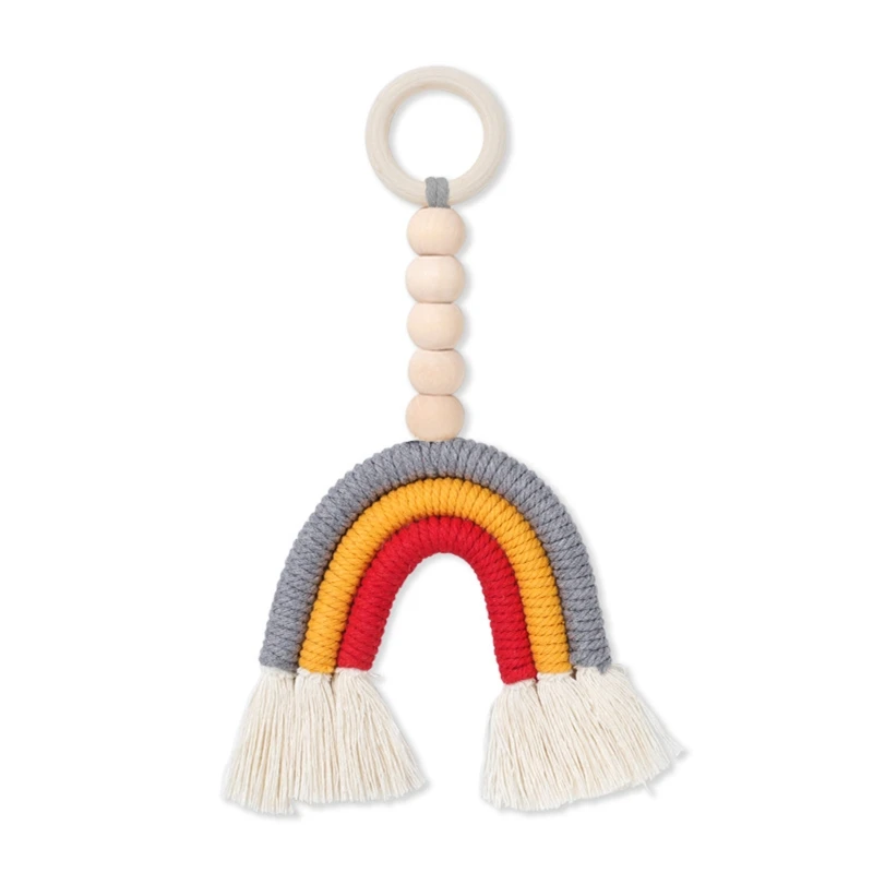 

Baby Wooden Teething Ring Rainbow Tassel Macrame Nursing Teether Toy Shower Gift