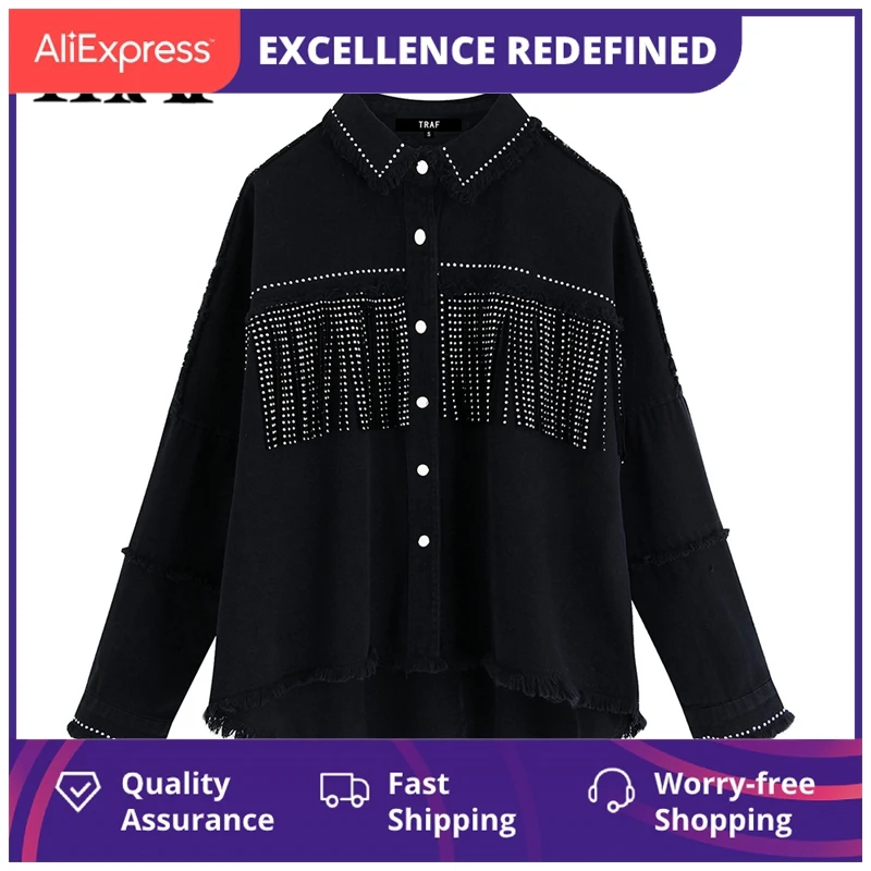 

Женская джинсовая куртка оверсайз с бахромой и бусинами, винтажная модная верхняя одежда с длинным рукавом и потертостями, шикарные свобод...